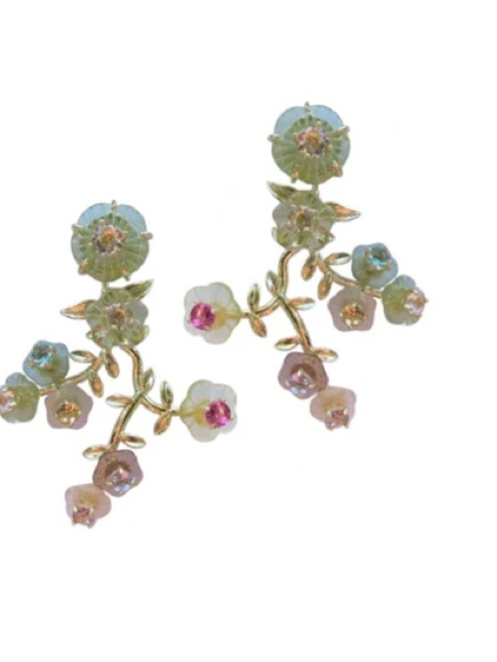 Nicola Bathie Gold Floral Drop Earrings with Pastel Pink, Blue, Cream Accents